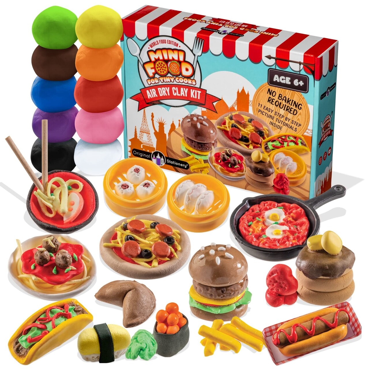 Original Stationery DIY Air Dry Clay Kit - 10 Colors, 19+ Pieces, World Food Style, Ages 7+ - Mini Food Making Kit for Kids & Air Dry Modeling Clay Set